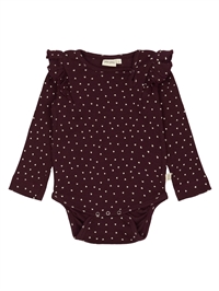 Petit Piao body i Dark Grape med hvide hjerter og flæser set forfra